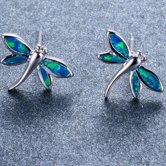 925 Sterling Silver Blue Fire Opal Earrings - Picture 2 of 7